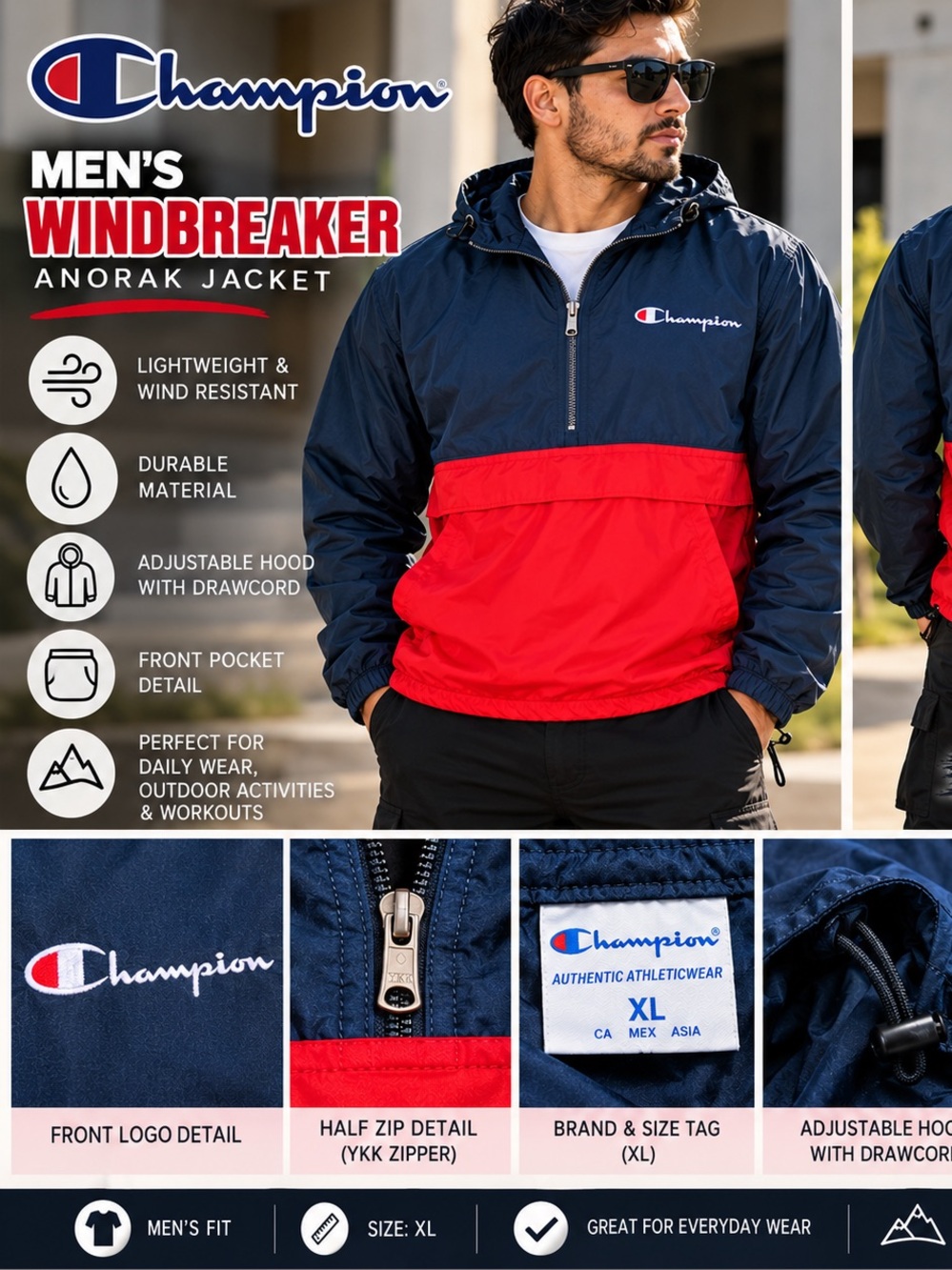 Champion Men’s Anorak Windbreaker Jacket - Navy & Red